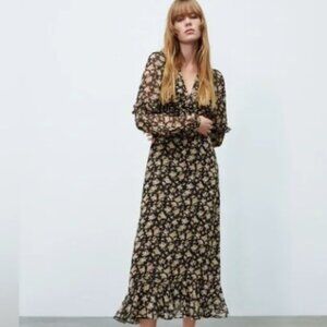 Zara Black and Gold Ruffled Printed Midi Dress NWT Size L